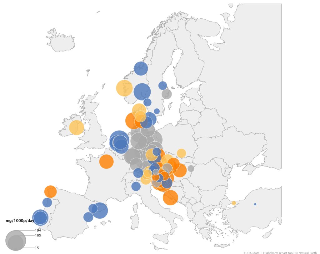 Changes in the mean weekly cannabis metabolites from wastewater analyses in selected European cities between 2024 and 2025