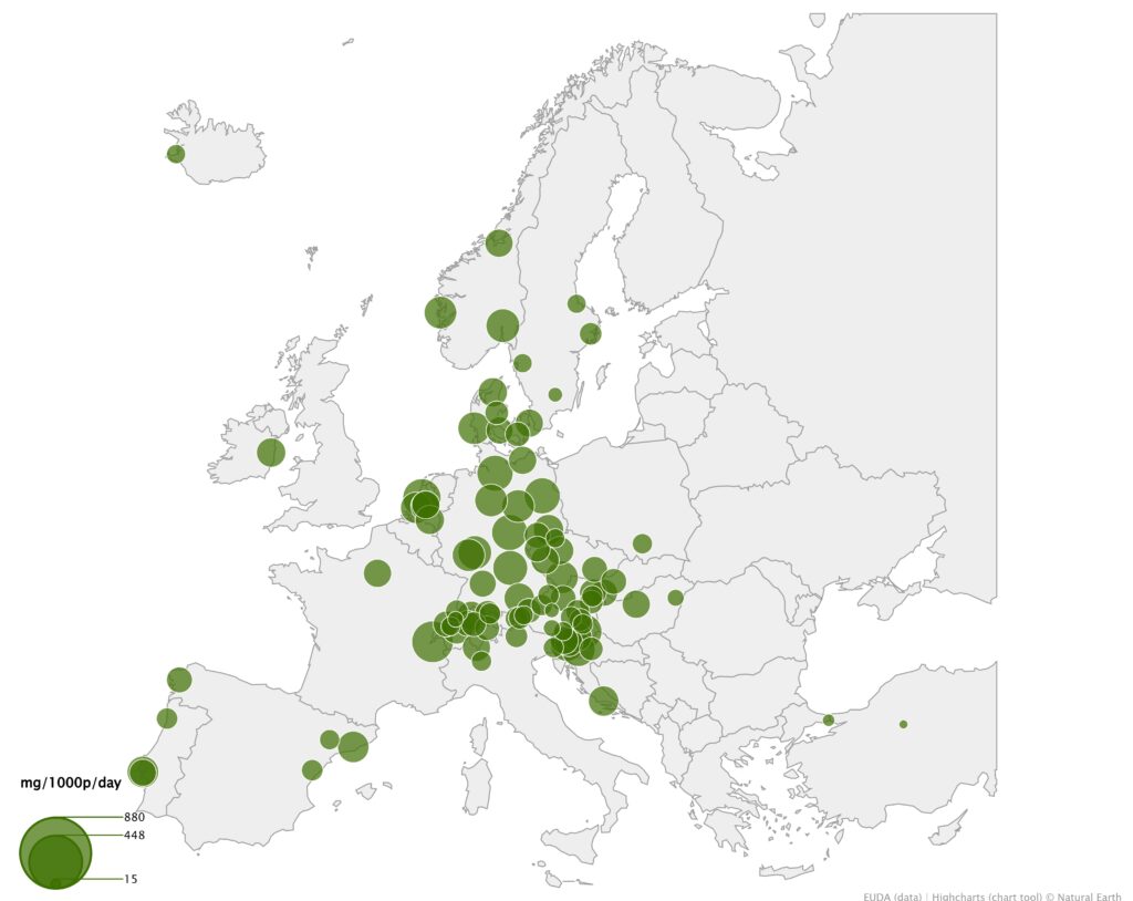 Relative geographical distribution of cannabis metabolite as detected in European cities 2025