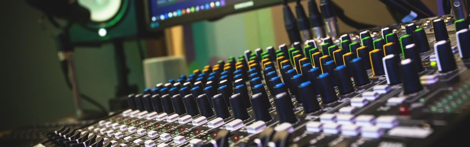 recording studio mixing board microphone computer screen speaker